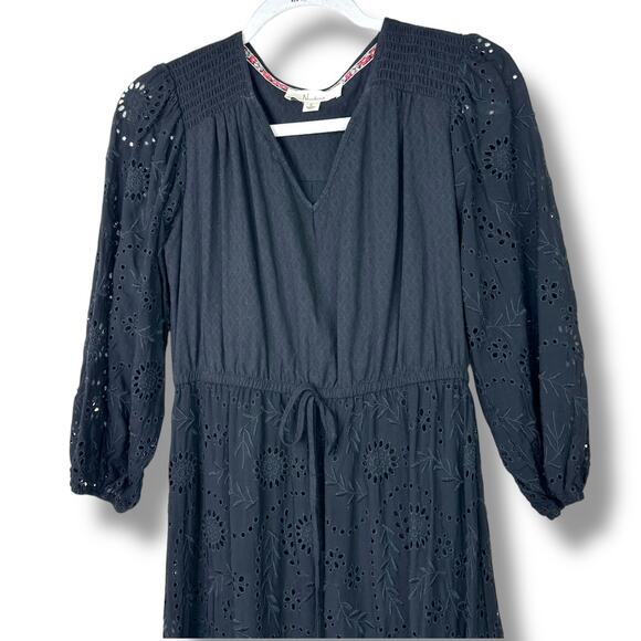 Nurture by Westbound Black V-Neck Eyelet Cotton Tie-Waist Midi Dress Small - Picture 2 of 5